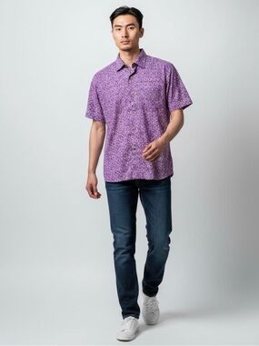 Tommy Bahama Purple Short-Sleeve Patterned Button Up Tropical Resort Small
